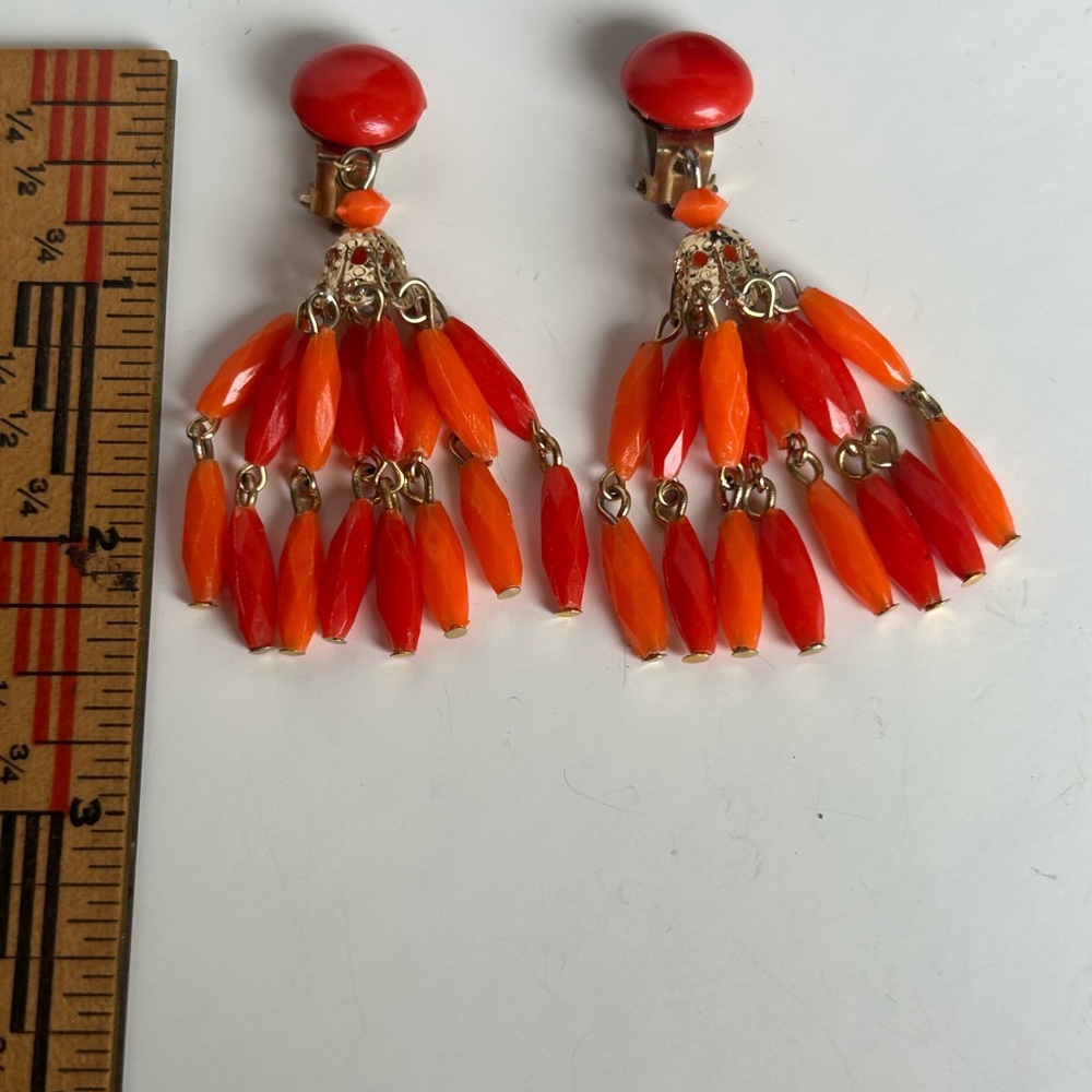 Vibrant Red and Orange Dangle Earrings Clip On Vintage